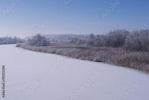 Wallpaper Mural Icy river surface surrounded by dry reeds and frost covered forest. Minimal cold season landscape. Torontodigital.ca