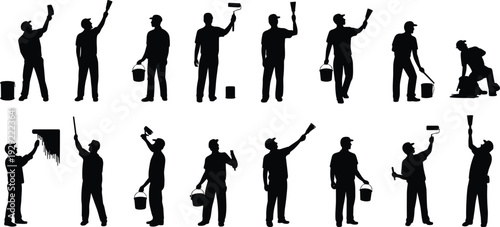 Painter silhouette set, professional house painter with roller brush and bucket isolated on white background, renovation service vector illustration collection