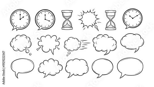 Time's Whisper and Thoughts: A creative illustration featuring clocks and hourglasses paired with various thought bubbles, perfect for conveying time-related concepts and communication nuances.