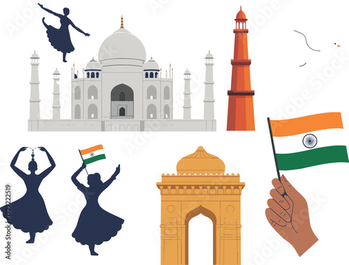 Vibrant of Indian landmarks and cultural including the Taj Mahal and dancers Indian culture monument