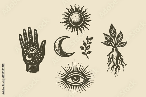 Mystic sun moon hand eye occult engraving vector illustration