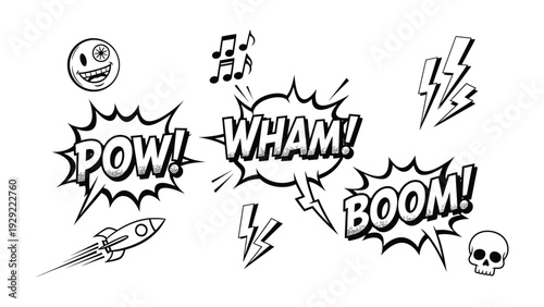 Comic Pop Art Expressions: A dynamic composition of comic book sound effects and visual elements, showcasing the iconic POW!, WHAM!, and BOOM! exclamations, complete with lightning bolts.