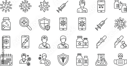 Medical and Virus Line Icons Set with Vaccine Syringe Doctor and Healthcare Symbols, Minimal Outline Medicine Vector Collection