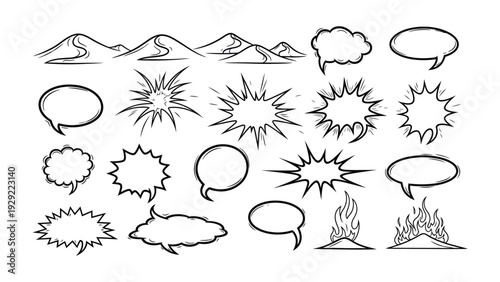 Comic Book Elements Collection: A dynamic collection of comic book elements, ideal for adding action, dialogue, and impact to visual storytelling. Featuring speech bubbles, explosions.