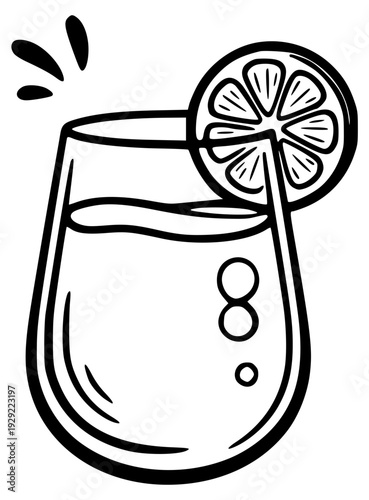 Sparkling water glass with lemon slice and bubbles