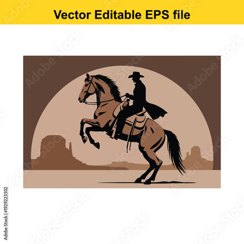 Cowboy Riding Horse Silhouette Western Illustration - Vector Graphic