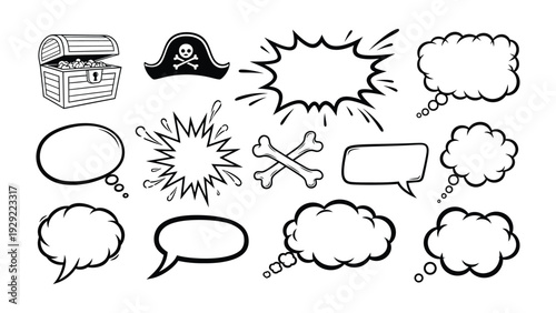 Pirate Elements Illustration: A collection of meticulously crafted, black and white illustrations that embody pirate theme