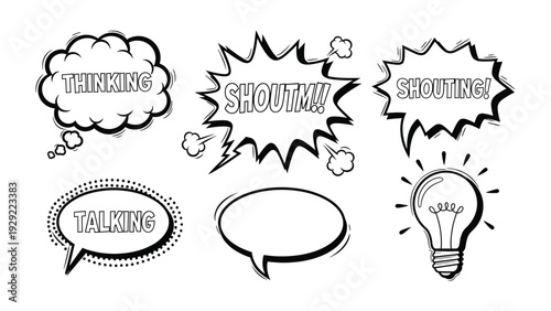 Communication bubbles illustrations:  A collection of artistic communication bubbles in varying shapes and sizes, expressing thoughts, ideas, and vocalizations.