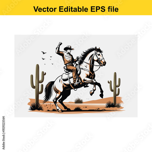 Cowboy Riding Horse Illustration - Western Desert Scene