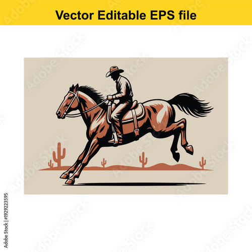 Cowboy Riding Horse Vector Illustration - Wild West Scene