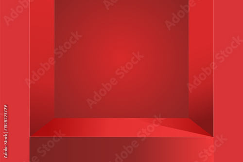 The corner of the red table with light shining down, Blank red product studio background, stage, podium for presentation vector illustration design for display cosmetic or beauty product. Popup store
