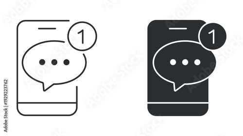 New message notification icon set, smartphone chat alert symbol line and solid vector illustration