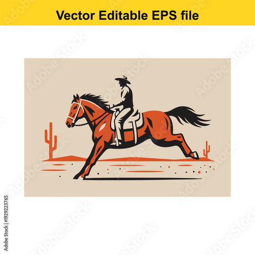 Cowboy Riding Horse Vector Illustration in Desert Landscape