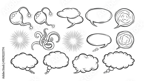 Comic Speech Bubbles: A collection of various comic speech bubbles and expressive bursts, ready to add dynamic visual interest to any creative project. 