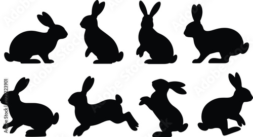 Rabbit silhouette set, cute bunny poses and hopping hare icons isolated on white background, animal vector illustration collection