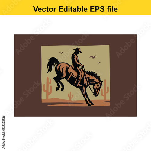 Cowboy Riding Horse Desert Scene Vector Illustration Design