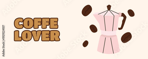 Coffee Lover banner with moka pot and coffee beans, cozy cafe aesthetic design