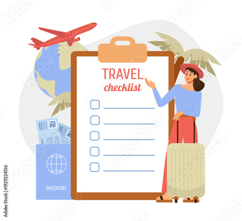 Travel Checklist Concept. Woman Tourist Planning Trip. Preparation to Vacation. Flat Vector Illustration.