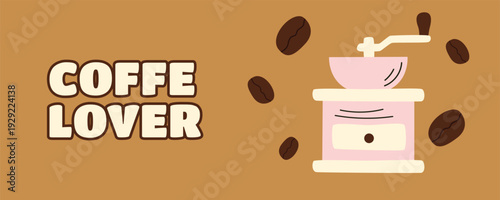Coffee Lover banner with manual coffee grinder illustration, barista equipment theme