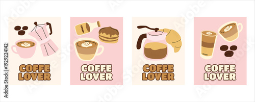 Coffee Lover banner set with coffee cups, syrup bottle, croissant, donut, moka pot and coffee beans