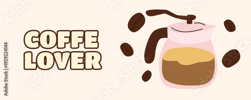 Coffee Lover banner with moka pot and coffee beans, traditional espresso theme