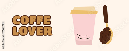 Coffee Lover banner with iced coffee and spoon of coffee beans