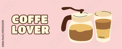 Coffee Lover banner with moka pot and coffee maker, home brewing illustration