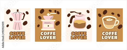 Coffee Lover banner set with coffee cup, moka pot, coffee beans and manual coffee grinder