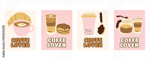 Coffee Lover banner set with coffee cups, takeaway glass, croissant, donut, moka pot and spoon with beans