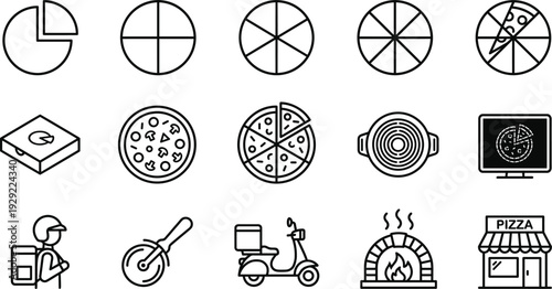 Pizza Slices and Pizzeria Line Icon Set with Oven Delivery Scooter and Restaurant Symbols