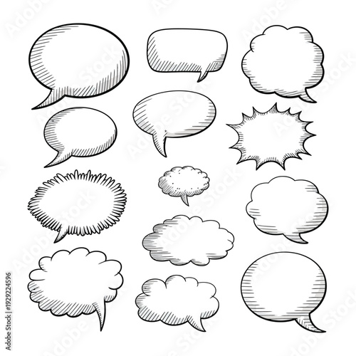 Comic Speech Bubbles: A collection of various hand-drawn speech bubbles, perfect for adding dialogue and thought to any comic or graphic.