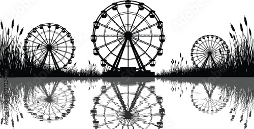 Black Silhouette of Ferris Wheels at Amusement Park Near Water with Reeds and Grass Reflection on Lake Surface Isolated on White Background for Design