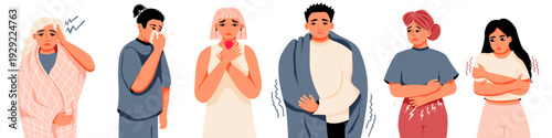 Sick people set. Women and men. Runny nose, suffering cold, congestion. Abdominal pain, Headache, Migraine, Flu. Discomfort, sneezing, allergy. Vector