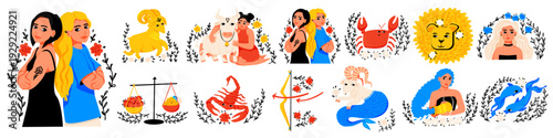 Zodiac signs set. Astrology horoscope icons. Aries, Gemini,Taurus, Cancer, Leo, Virgo, Libra, Scorpio, Aquarius and Pisces. Women, Ornament of plants and roses. Vector
