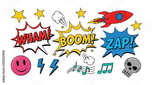 Comic Burst: Dynamic illustrations of comic book sound effects and symbols explode with energy, showcasing words and symbols used in the vibrant world of comic books.