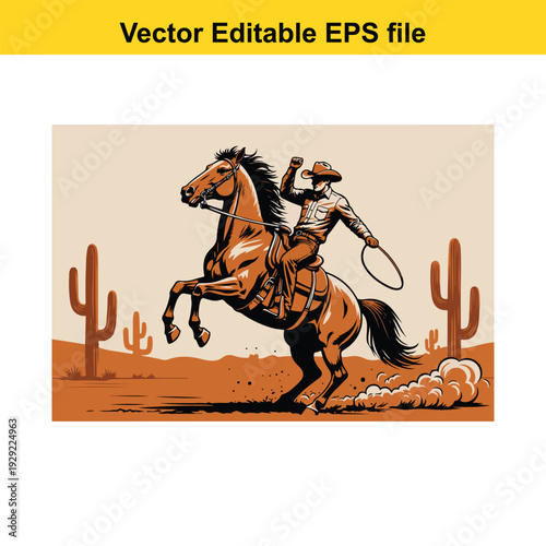 Cowboy Riding Horse Illustration with Lasso in Desert Scene