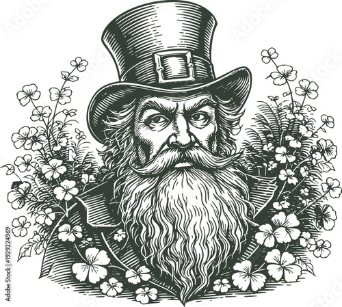 Irish Leprechaun Portrait With Shamrock For Saint Patrick Day Vintage Retro Poster Print. Vector illustration