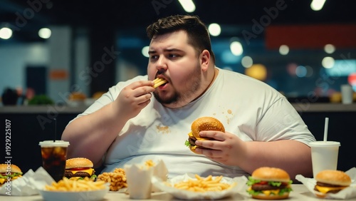Overweight man eating fast food excessively in restaurant
