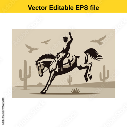 Cowboy Riding Horse Silhouette Desert Landscape Vector Illustration