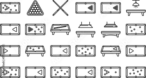 Pool and Billiards Table Top View Line Icon Set with Cue Balls Rack and Game Layout Elements