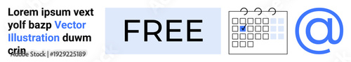 Marketing, promotions, free resources, branding, scheduling, online communication. Bold FREE text with a calendar and blue at symbol. Free resources and scheduling concept