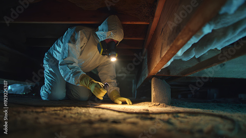 The worker is checking the crawlspace for signs of pest infestation and using tools to discover and resolve hidden problems below the floor.