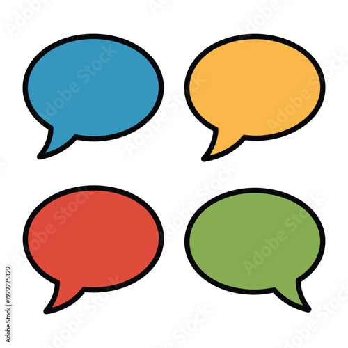 Colorful Conversations: Four vibrant speech bubbles of different colors, each poised to convey unique thoughts and ideas, offer a visually stimulating invitation for creative expression.