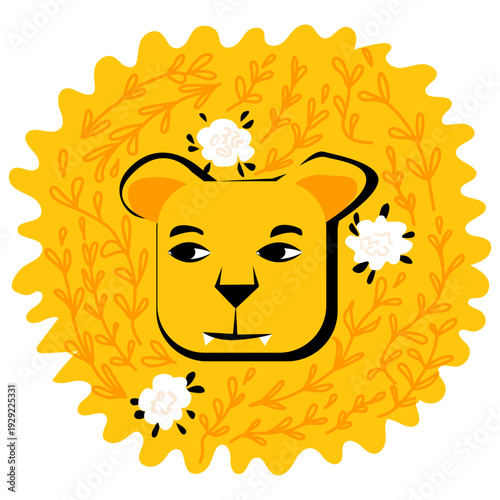 Leo zodiac sign with ornament of plants and roses. Head of Lion with mane. Horoscope, astrology. Vector illustration