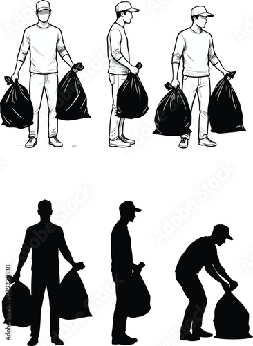 Black Silhouette and Line Art Set of a Man in a Baseball Cap Carrying and Lifting Heavy Trash Bags Isolated on White Background Graphic