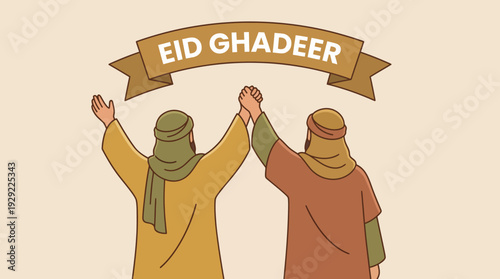 Eid Ghadeer vector illustration with traditional Middle Eastern attire, unity symbolism, Islamic celebration design, cultural heritage artwork, religious, Shia Muslim event concept vector
