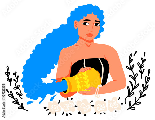 Aquarius zodiac sign. Woman with blue hair and jug with water. Ornament of plants and roses. Horoscope, astrology. Vector illustration