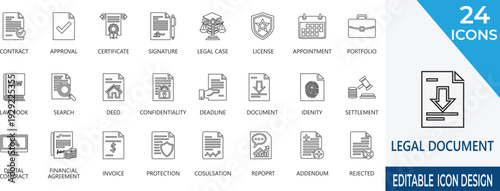 editable line icons of legal documents, certificate, legal, law, firm, signature, contracts, justice, symbols, attorney, and corporate compliance ui.