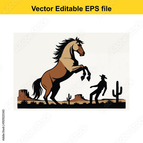 Western Horse Rearing Cowboy Silhouette Desert Landscape Vector Illustration