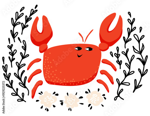 Cancer zodiac sign with ornament of plants and roses. Crab. Horoscope, astrology. Vector illustration